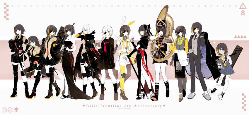 6+girls, absurdres, alcohol, animal_ears, apron, aqua_necktie, armband, assault_rifle