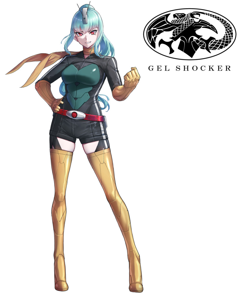 1girl, aqua_hair, belt, black_bodysuit, black_garter_straps, bodysuit, boots, clenched_hand