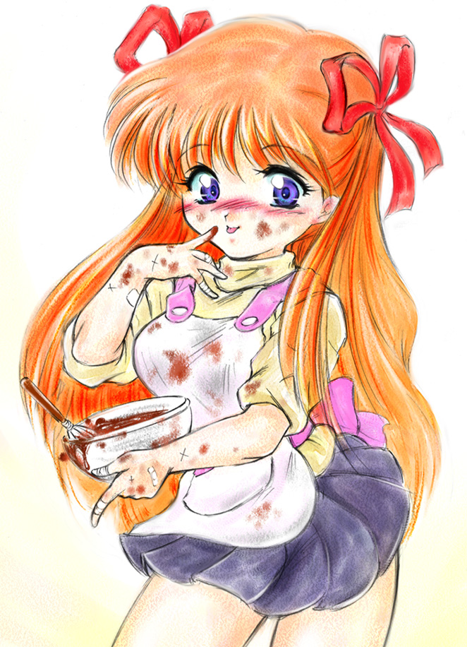 apron, blue_eyes, blush, bowl, chocolate, gintama_danshaku, kanon, licking