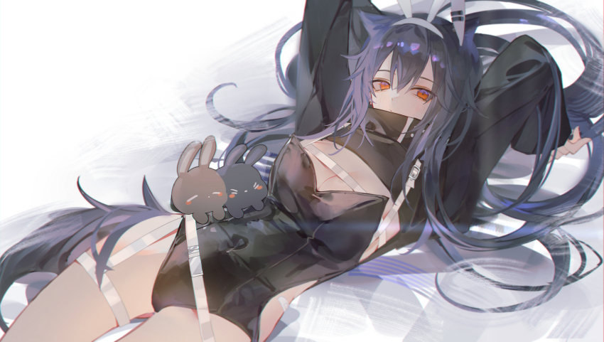 0_(znanimo), 1girl, alternate_costume, animal_ears, arknights, arms_up, black_bodysuit, black_jacket