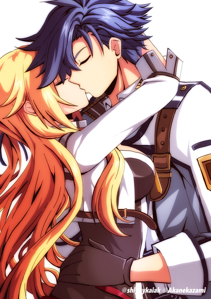 1boy, 1girl, akane_kazami, alisa_reinford, black_gloves, blonde_hair, blue_hair, closed_eyes