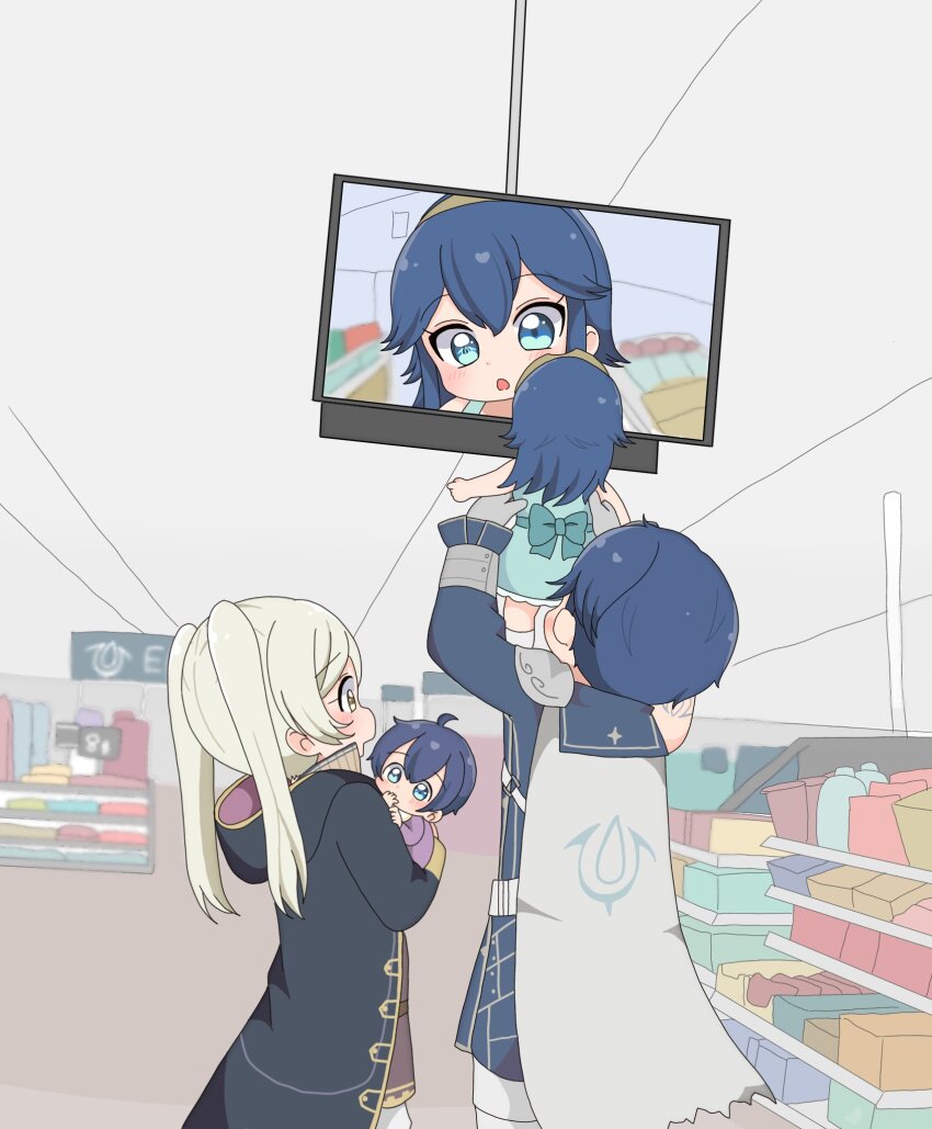 2boys, 2girls, :o, anachronism, black_robe, blue_eyes, blue_hair, brand_of_the_exalt