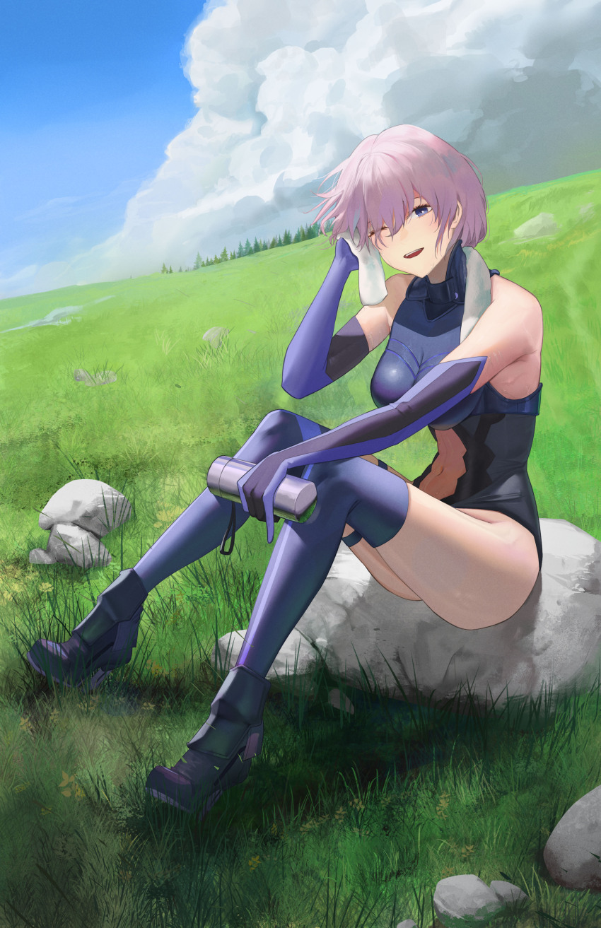 1girl, absurdres, bare_shoulders, black_boots, black_gloves, black_leotard, boots, bottle