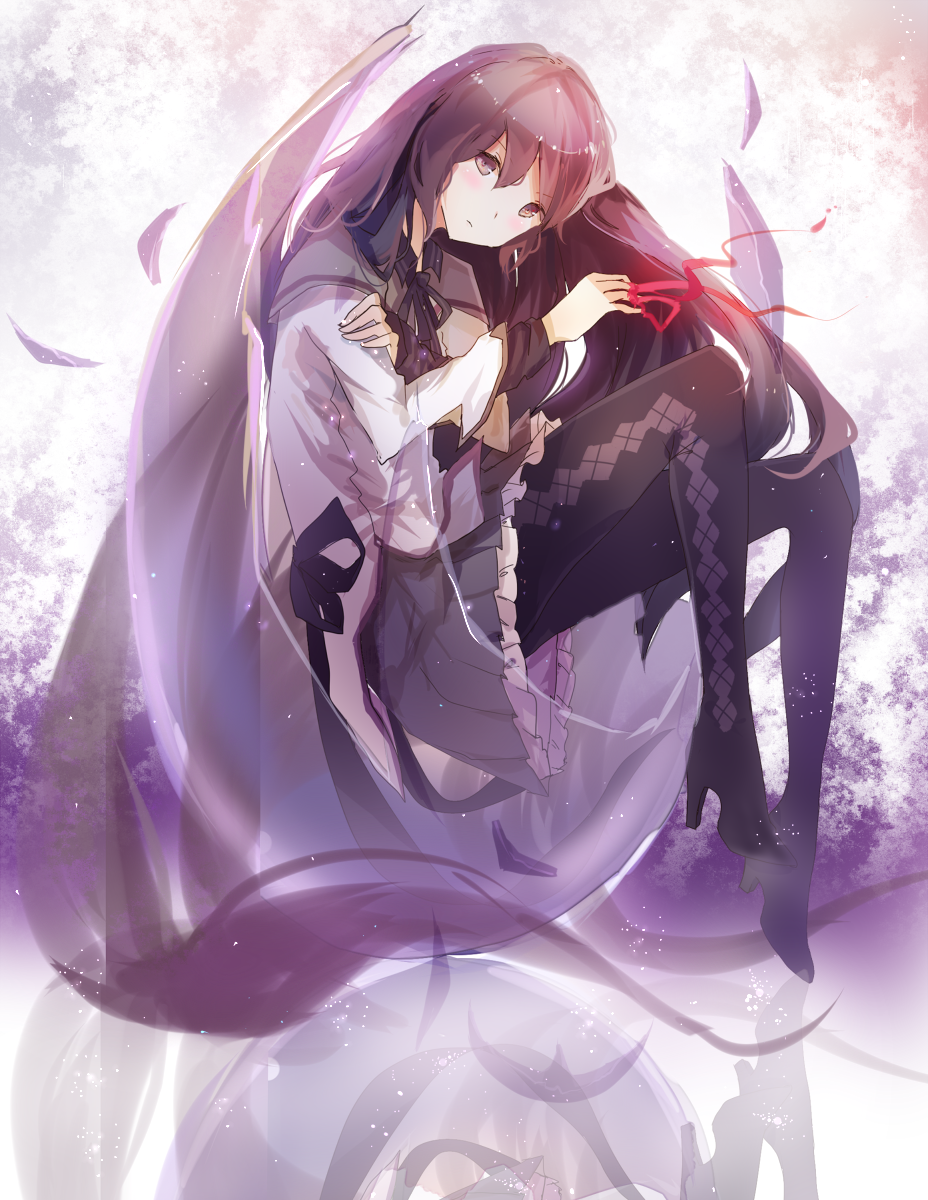 1girl, akemi_homura, akemi_homura_(magical_girl), argyle_clothes, argyle_footwear, back_bow, black_boots, black_hair