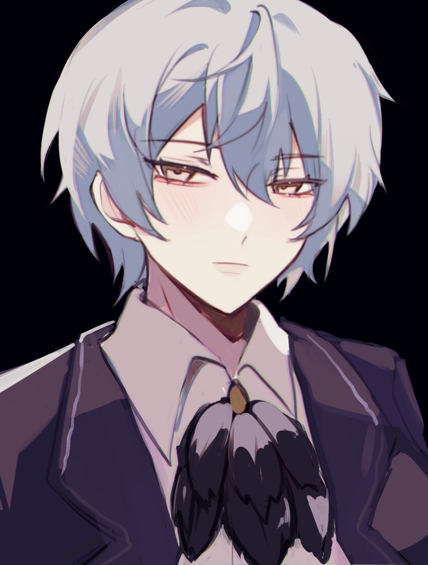 1girl, angela_(project_moon), black_background, black_jacket, blue_hair, closed_mouth, collared_shirt, commentary