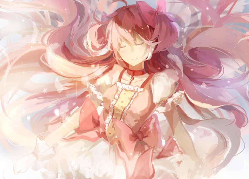 1girl, ahoge, blue_background, bow, bubble_skirt, center_frills, chest_jewel, choker