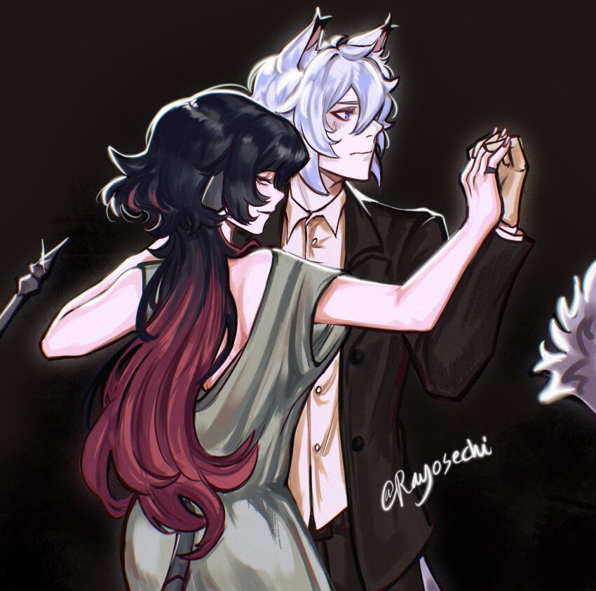 1boy, 1girl, alternate_costume, animal_ears, black_background, black_hair, black_suit, blunt_bangs