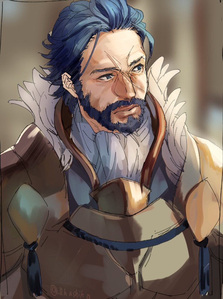 1boy, armor, beard, blue_eyes, blue_hair, facial_hair, fire_emblem, fire_emblem_heroes