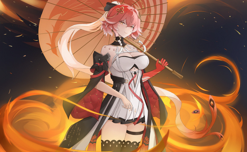 1girl, absurdres, bare_shoulders, black_bow, black_collar, black_jacket, black_sleeves, black_thighhighs