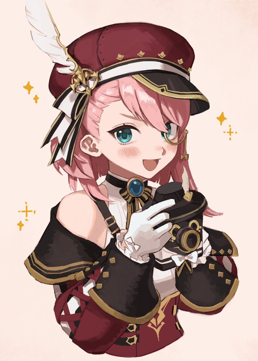 1girl, bare_shoulders, blue_eyes, blush, camera, charlotte_(genshin_impact), cropped_torso, genshin_impact