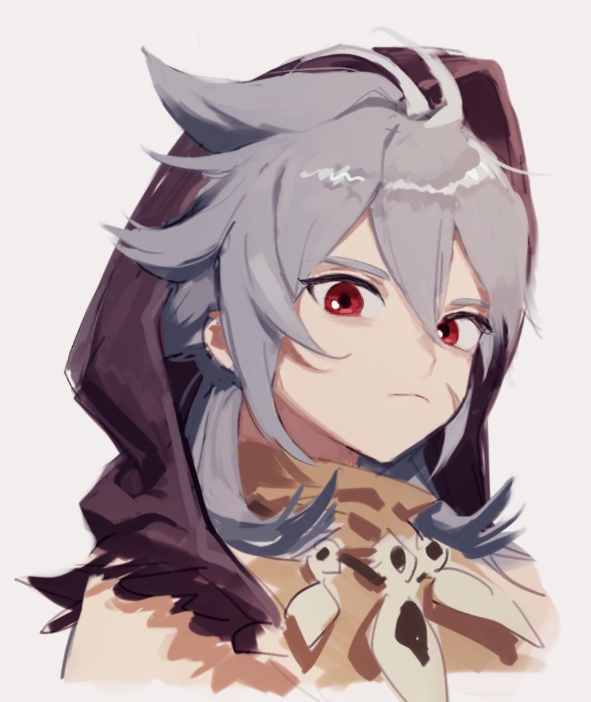 1boy, closed_mouth, commentary_request, facial_scar, genshin_impact, grey_background, grey_hair, hair_between_eyes