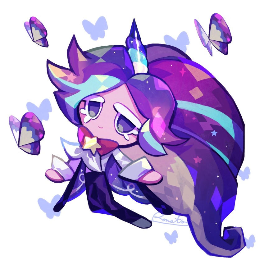 1other, absurdly_long_hair, arms_at_sides, artist_name, blue_hair, brooch, bug, butterfly