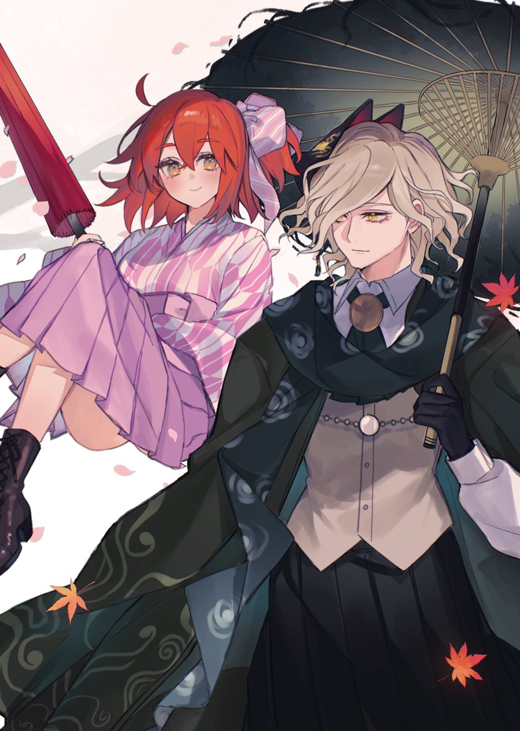 1boy, 1girl, ahoge, alternate_costume, coat, collared_shirt, edmond_dantes_(fate), edmond_dantes_(kyomaf_2024)_(fate)