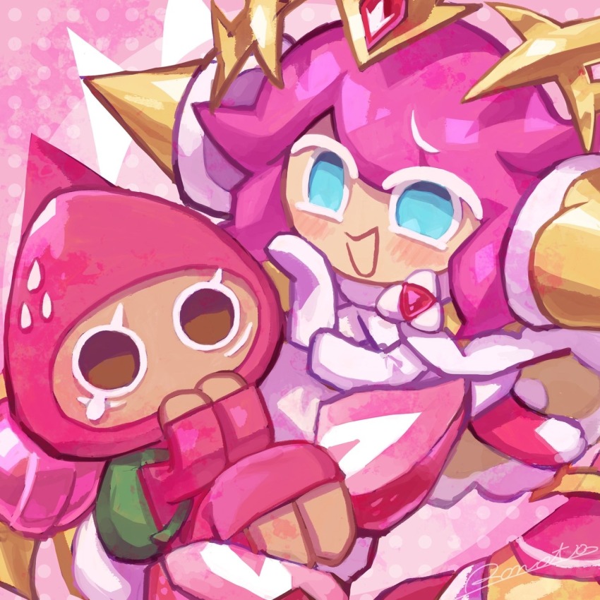 1girl, 1other, backpack, bag, blue_eyes, blush, brown_eyes, candy, cape, coat, cookie_run, cookie_run:_kingdom, food, food-themed_clothes, fruit, full_body, fur-trimmed_cape, fur_trim, green_bag, hand_on_own_cheek, hand_on_own_face, hands_up, highres, hood, hood_up, hoodie, knees_up, lollipop, long_sleeves, looking_at_another, looking_at_viewer, no_mouth, no_pupils, open_mouth, pants, pink_background, pink_hair, pink_hoodie, polka_dot, polka_dot_background, red_pants, rn9j, shirt, short_hair, simple_background, single_eyebrow, sitting, smile, strawberry, strawberry_cookie, strawberry_crepe_cookie, strawberry_slice, white_footwear, white_shirt, yellow_coat