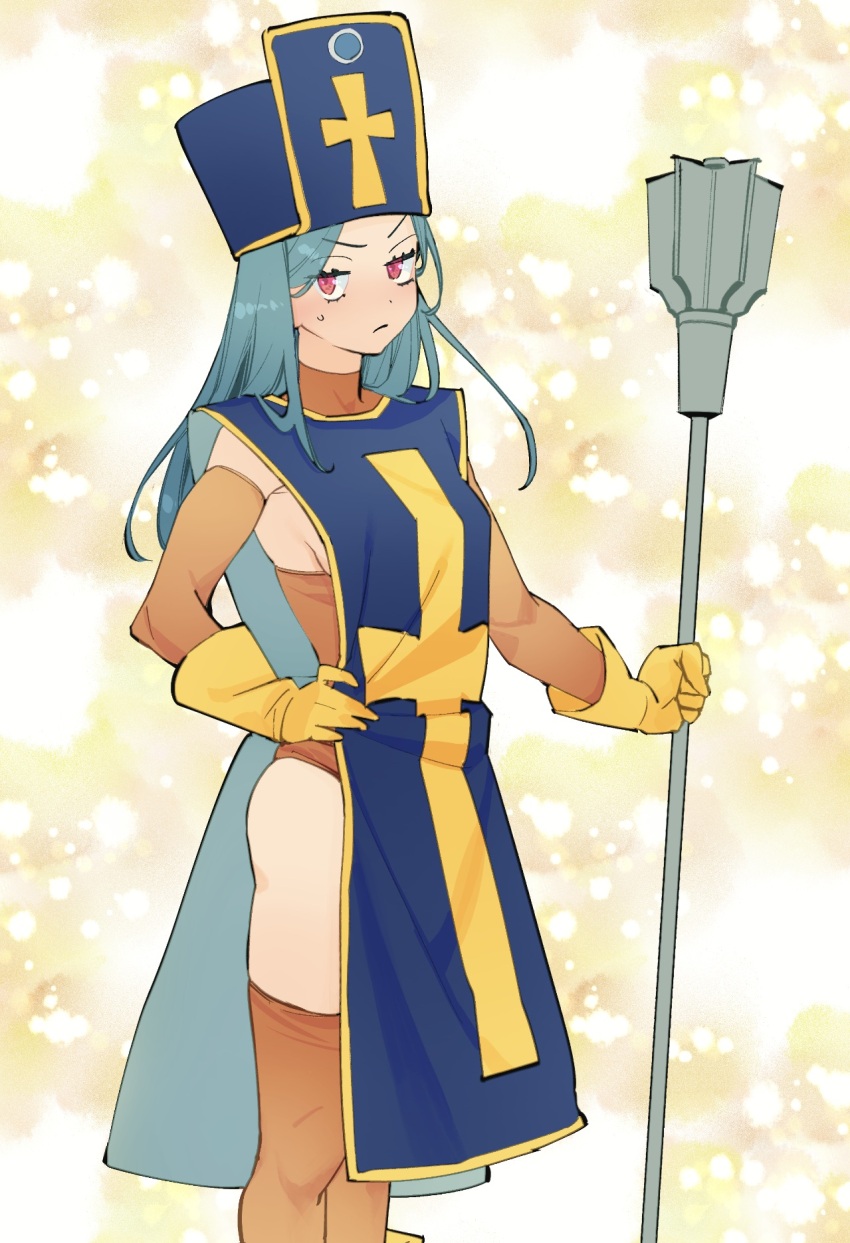 1girl, ajpp6, blue_hair, blue_hat, blush, breasts, closed_mouth, commentary_request