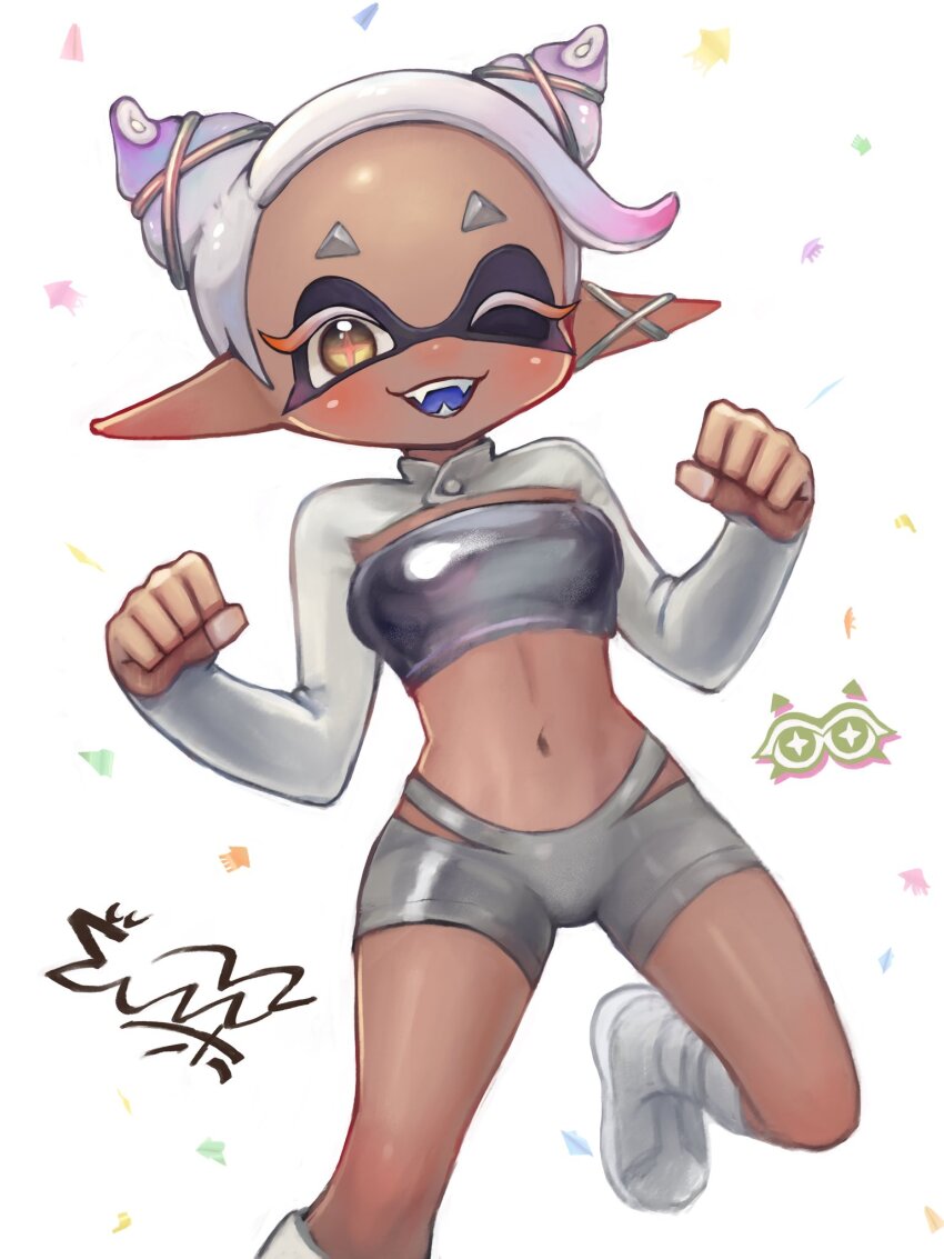 1girl, colored_eyelashes, commentary_request, confetti, dark-skinned_female, dark_skin, eyelashes, frye_(grand_festival)_(splatoon)