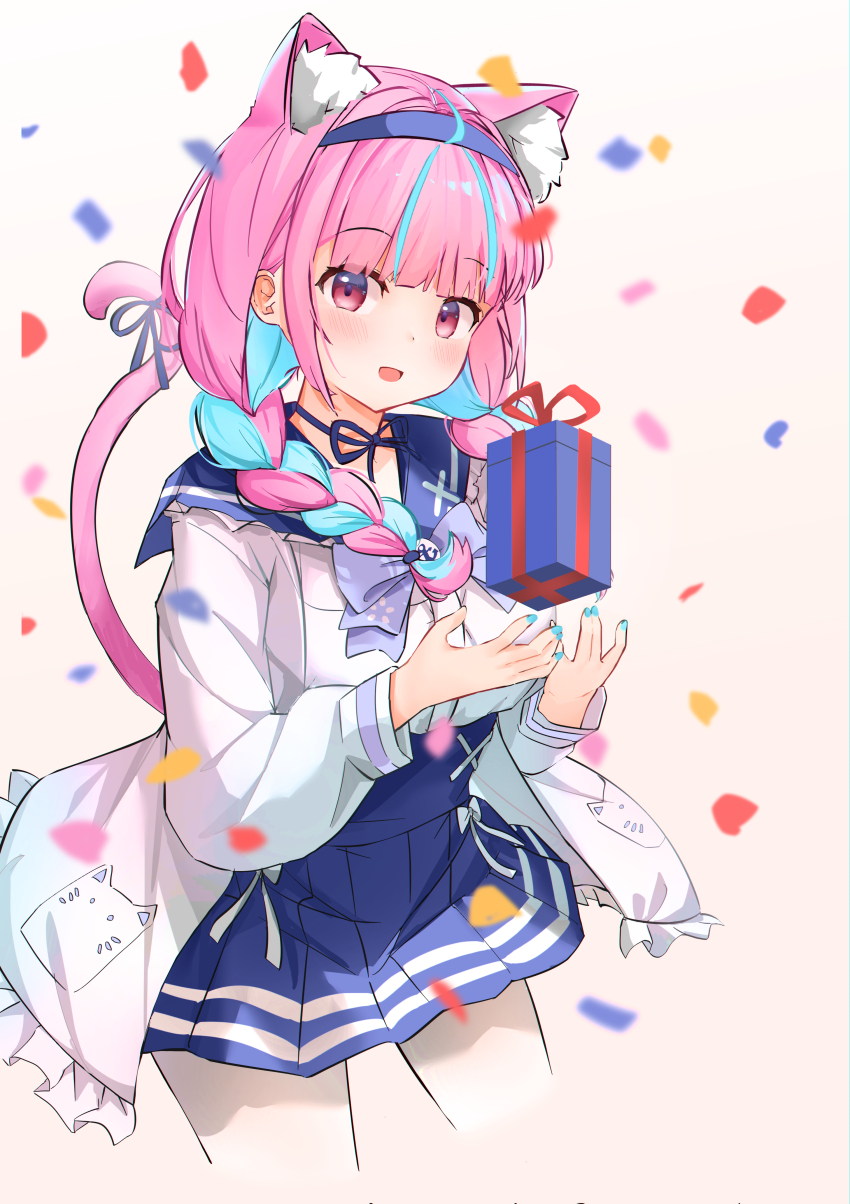 1girl, absurdres, animal_ears, blush, bow, braid, cat_ears, choker