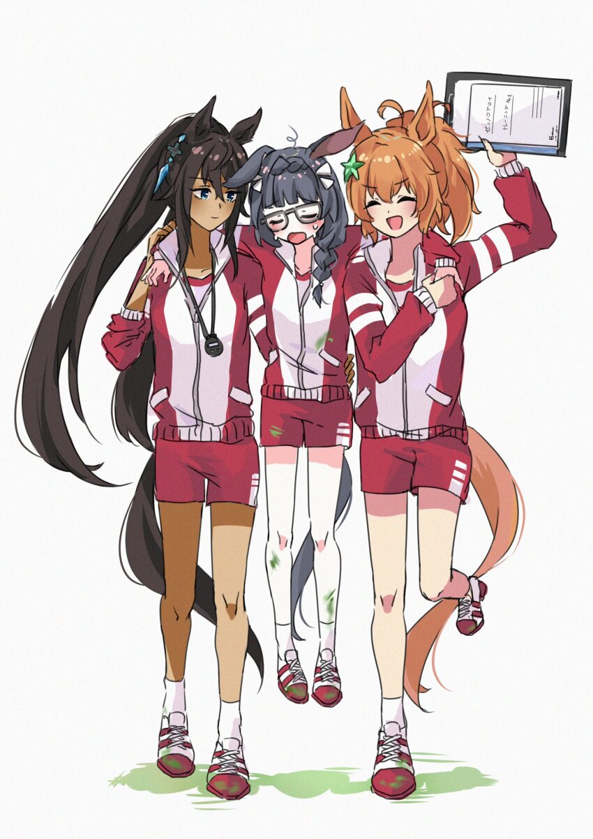 3girls, ^_^, animal_ears, black-framed_eyewear, black_hair, braid, brown_hair, closed_eyes
