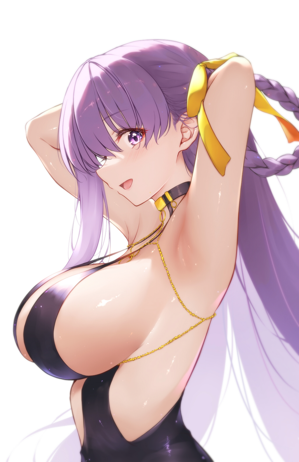 1girl, :d, armpits, arms_behind_head, bb_(fate), bb_dubai_(fate), black_dress, braid