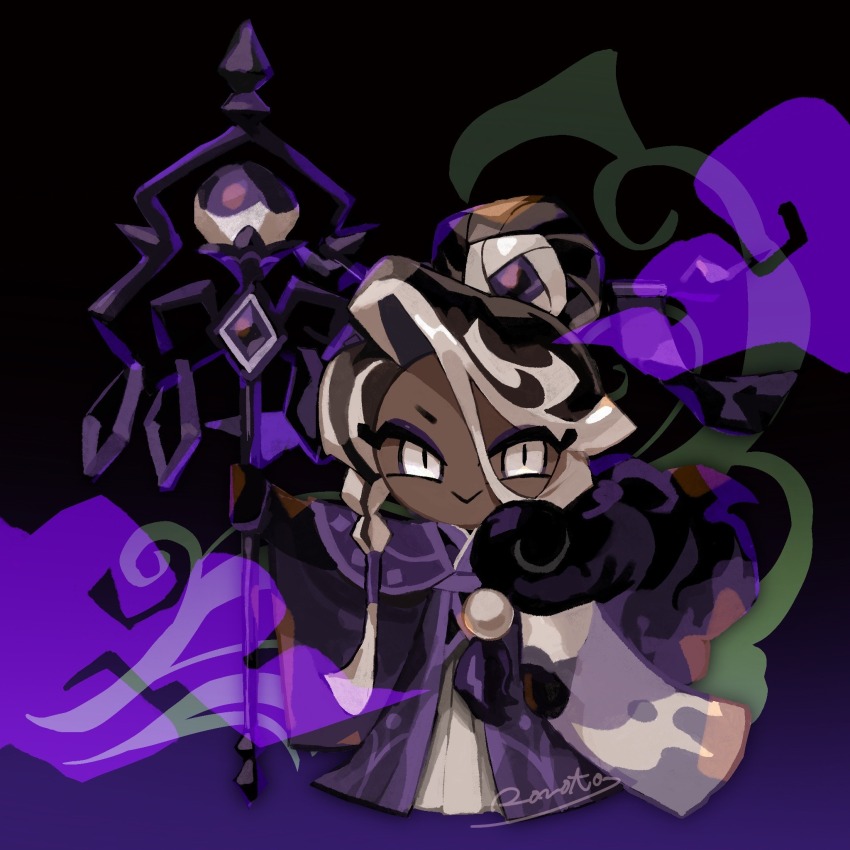 1boy, affogato_cookie, artist_name, black_background, braid, closed_mouth, cookie_run, cookie_run:_kingdom, dark-skinned_male, dark_skin, full_body, hair_between_eyes, highres, holding, holding_staff, japanese_clothes, kimono, long_hair, long_sleeves, looking_at_viewer, male_focus, multicolored_hair, no_sclera, purple_kimono, rn9j, see-through_clothes, see-through_sleeves, simple_background, slit_pupils, smile, solo, staff, standing, streaked_hair, trap, two-tone_hair, white_eyes