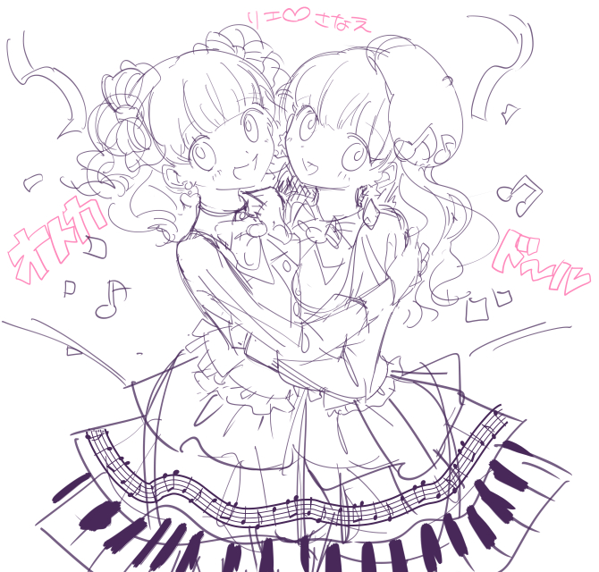 2girls, bemani, beret, blush, bow, bright_pupils, confetti, greyscale
