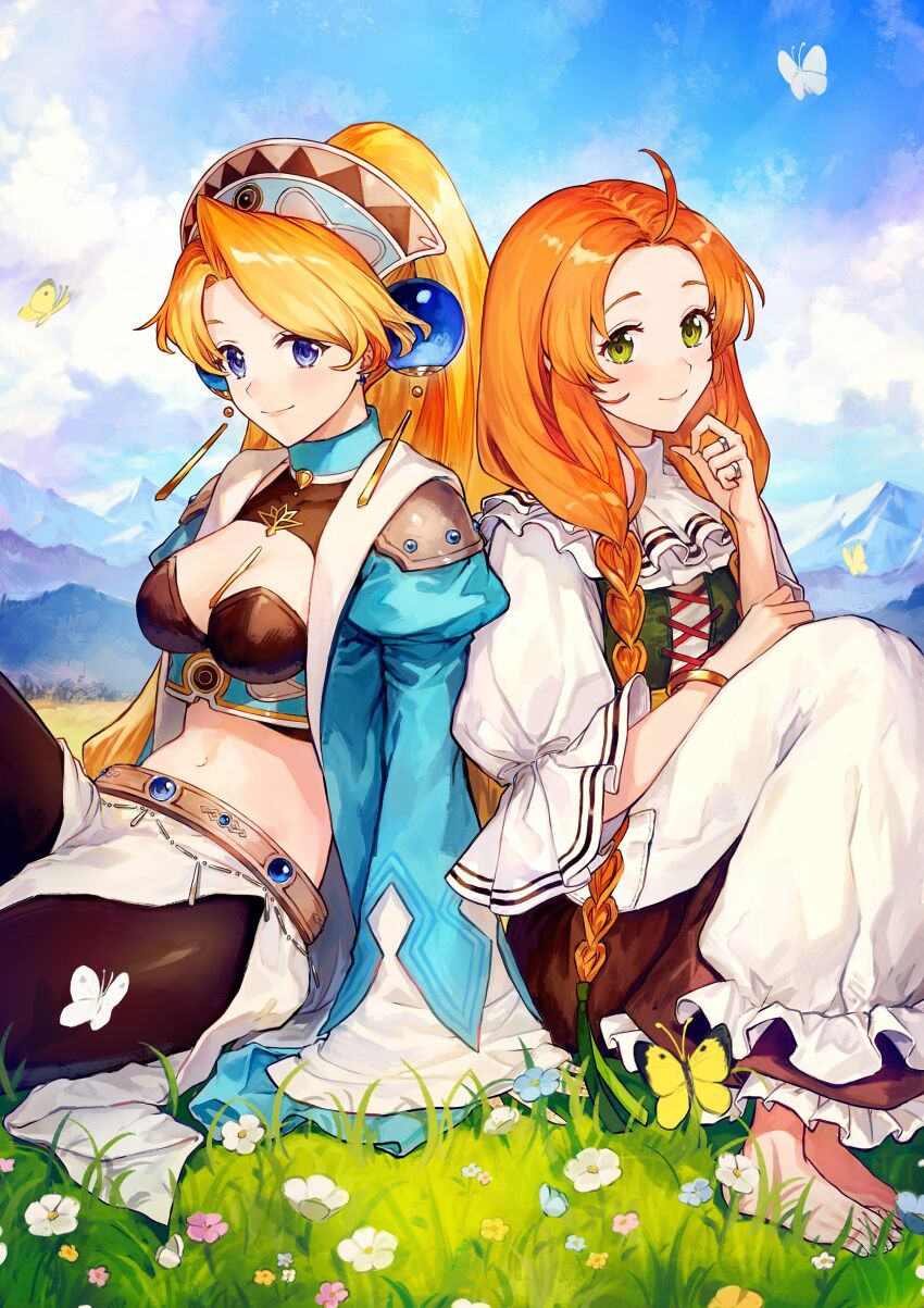 2girls, absurdres, arm_support, atelier_(series), atelier_marie, barefoot, benitama, blonde_hair