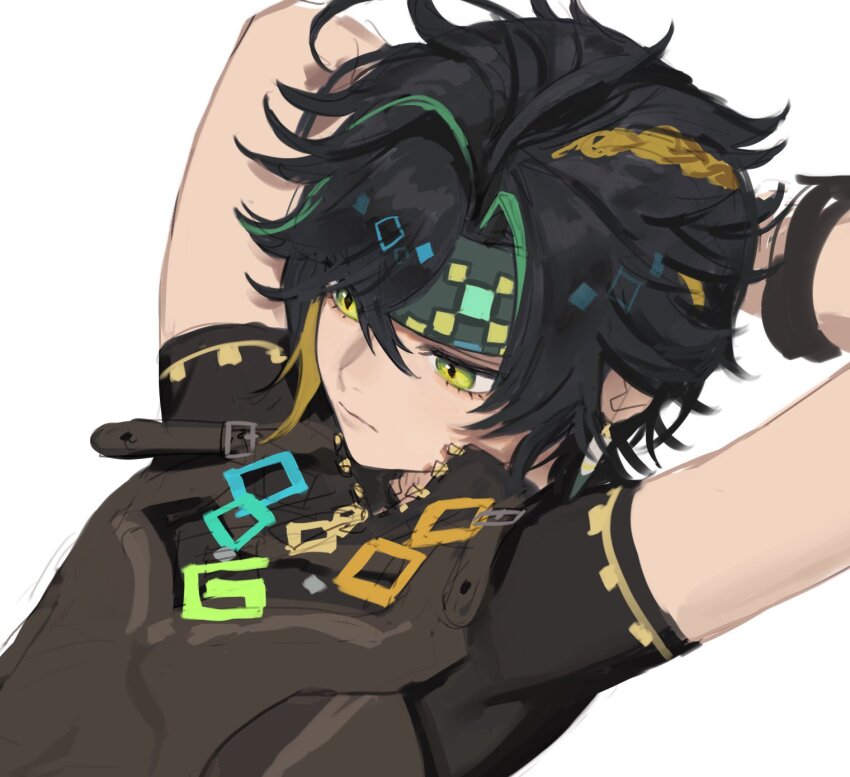 1boy, arms_behind_head, black_hair, black_shirt, blonde_hair, closed_mouth, genshin_impact, green_eyes