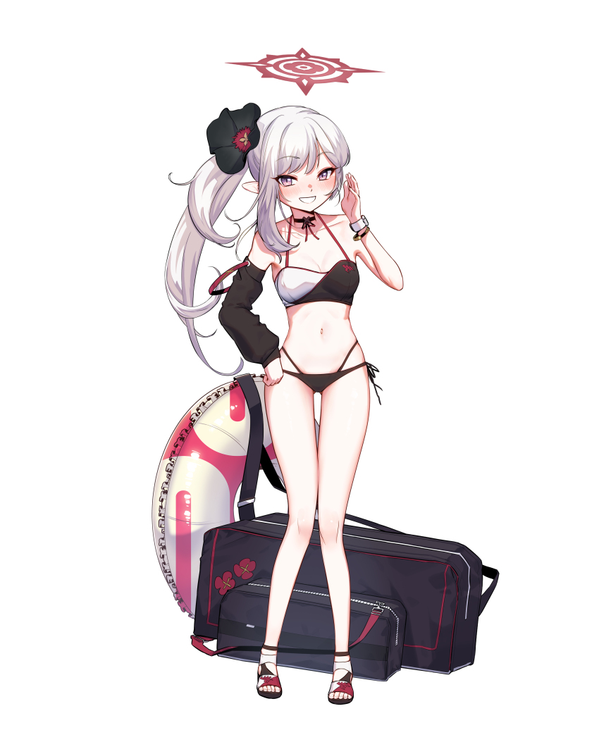 1girl, absurdres, alternate_costume, bag, bikini, black_bikini, black_flower, black_sleeves, blue_archive, breasts, cleavage, detached_sleeves, flower, full_body, hair_flower, hair_ornament, halo, highres, korean_commentary, looking_at_viewer, multicolored_bikini, mutsuki_(blue_archive), nunvora, red_halo, sandals, side_ponytail, simple_background, single_detached_sleeve, smile, solo, standing, swimsuit, toes, two-tone_bikini, white_background, white_bikini, white_hair