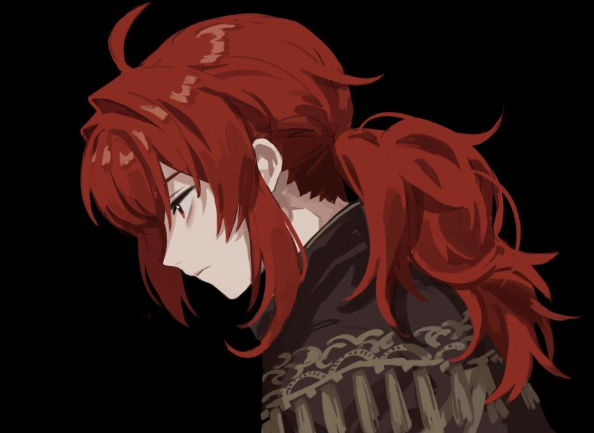 1boy, black_background, black_coat, closed_mouth, coat, commentary_request, diluc_(genshin_impact), from_side