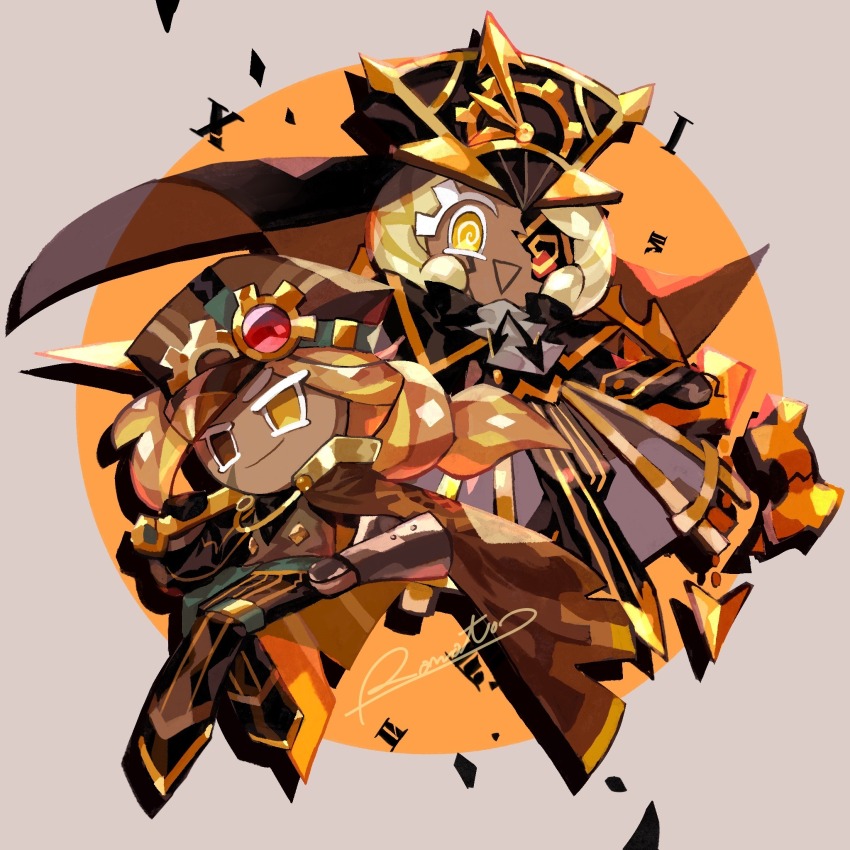 2girls, @_@, artist_name, ascot, bandana, bandana_around_neck, black_bandana, black_gloves, black_hat, black_pants, black_veil, blonde_hair, border, brown_cape, brown_eyes, brown_hair, brown_hat, cape, closed_mouth, cookie_run, cookie_run:_ovenbreak, croissant_cookie, dark-skinned_female, dark_skin, drop_shadow, dual_persona, full_body, gloves, gold_footwear, grey_border, hand_on_own_hip, hat, heterochromia, highres, holding, long_hair, long_sleeves, looking_at_viewer, multiple_girls, open_mouth, orange_background, outside_border, pants, rn9j, round_border, simple_background, smile, striped_clothes, striped_pants, timekeeper_cookie, triangle_mouth, veil, vertical-striped_clothes, vertical-striped_pants, white_ascot, yellow_eyes