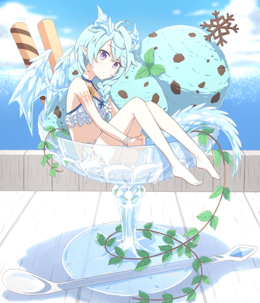 1girl, bikini, bikini_skirt, blue_tail, blue_wings, braid, crystal_horns, crystal_wings