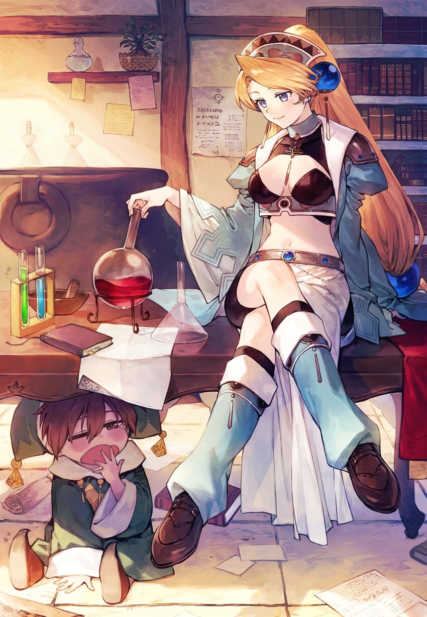 1boy, 1girl, atelier_(series), atelier_marie, benitama, bike_shorts, blonde_hair, blue_eyes, book, bookmark, bookshelf, breasts, brown_hair, brown_shoes, cauldron, cleavage, coat, covering_own_mouth, crop_top, crossed_legs, day, earrings, fairy_(atelier), flask, full_body, green_coat, hair_ornament, hand_over_own_mouth, hand_up, highres, holding, holding_flask, indoors, jewelry, leg_warmers, liquid, long_hair, long_sleeves, looking_down, low-tied_long_hair, marlone, medium_breasts, navel, official_art, one_eye_closed, open_mouth, paper, plant, ponytail, potted_plant, shoes, short_hair, sitting, sitting_on_table, sleepy, smile, solo, sphere_hair_ornament, table, yawning
