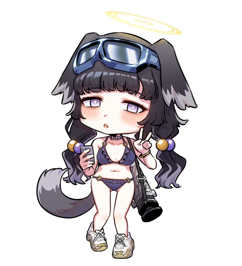 1girl, animal_ears, bikini, blue_archive, blue_bikini, bright_pupils, cellphone, chibi
