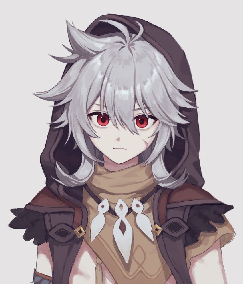 1boy, closed_mouth, commentary, facial_scar, genshin_impact, grey_background, grey_hair, hair_between_eyes