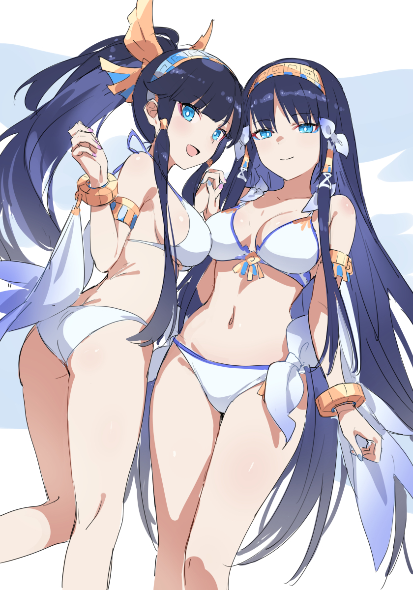 2girls, ass, bikini, blue_eyes, blue_hair, breasts, cleavage, dark_blue_hair, dutch_angle, hairband, headband, highres, holding_hands, isis_(p&amp;d), long_hair, looking_at_viewer, multiple_girls, navel, nephtys_(p&amp;d), ponytail, puzzle_&amp;_dragons, sideboob, sidelocks, smile, swimsuit, thighs, very_long_hair, wamachi_(hamachi_oekaki), white_bikini