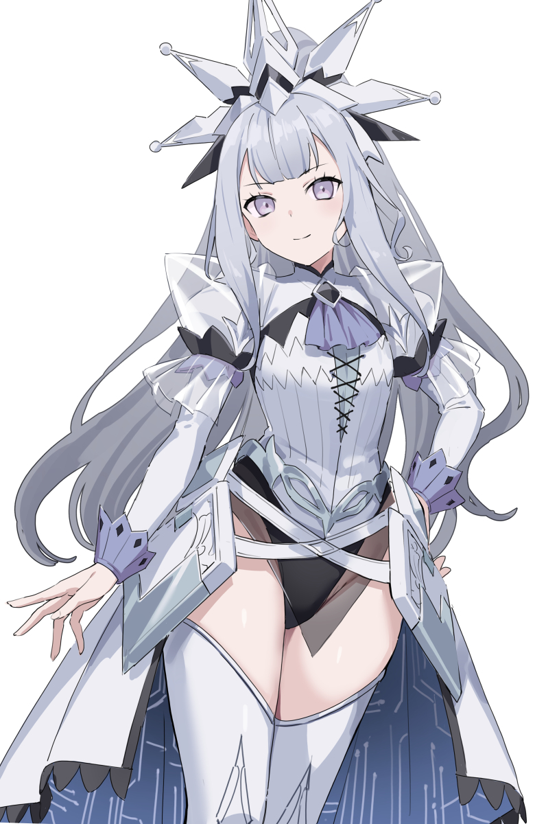 1girl, black_leotard, contrapposto, dress, duel_monster, grey_eyes, grey_hair, highres, juliet_sleeves, leotard, long_sleeves, looking_at_viewer, maliss_<q>_white_binder, puffy_sleeves, smile, solo, standing, thighhighs, tiara, wamachi_(hamachi_oekaki), white_background, white_dress, yu-gi-oh!, zettai_ryouiki