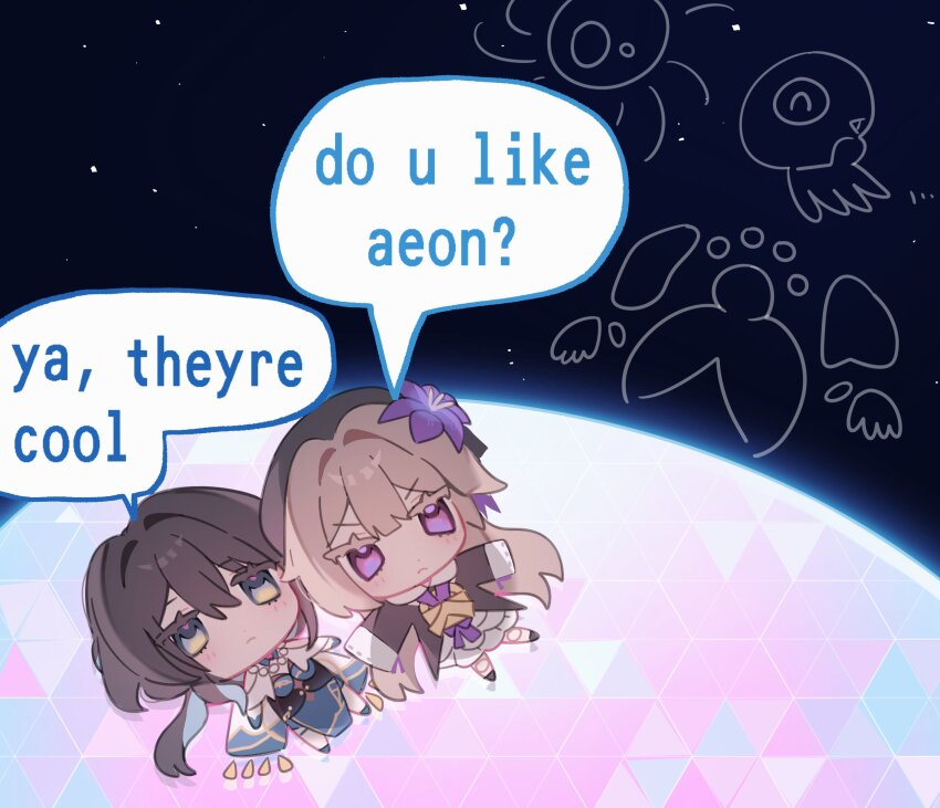 2girls, black_dress, black_hat, blue_dress, brown_hair, closed_mouth, conwoll511, do_you_like_stars?_ya_they're_cool_(meme), dress, english_text, flower, hair_flower, hair_ornament, hat, herta_(honkai:_star_rail), herta_(puppet)_(honkai:_star_rail), highres, honkai:_star_rail, honkai_(series), jewelry, long_hair, low_ponytail, lying, meme, multicolored_hair, multiple_girls, necklace, nous_(honkai:_star_rail), on_back, pearl_necklace, ponytail, purple_eyes, purple_flower, qlipoth_(honkai:_star_rail), ruan_mei_(honkai:_star_rail), streaked_hair, very_long_hair