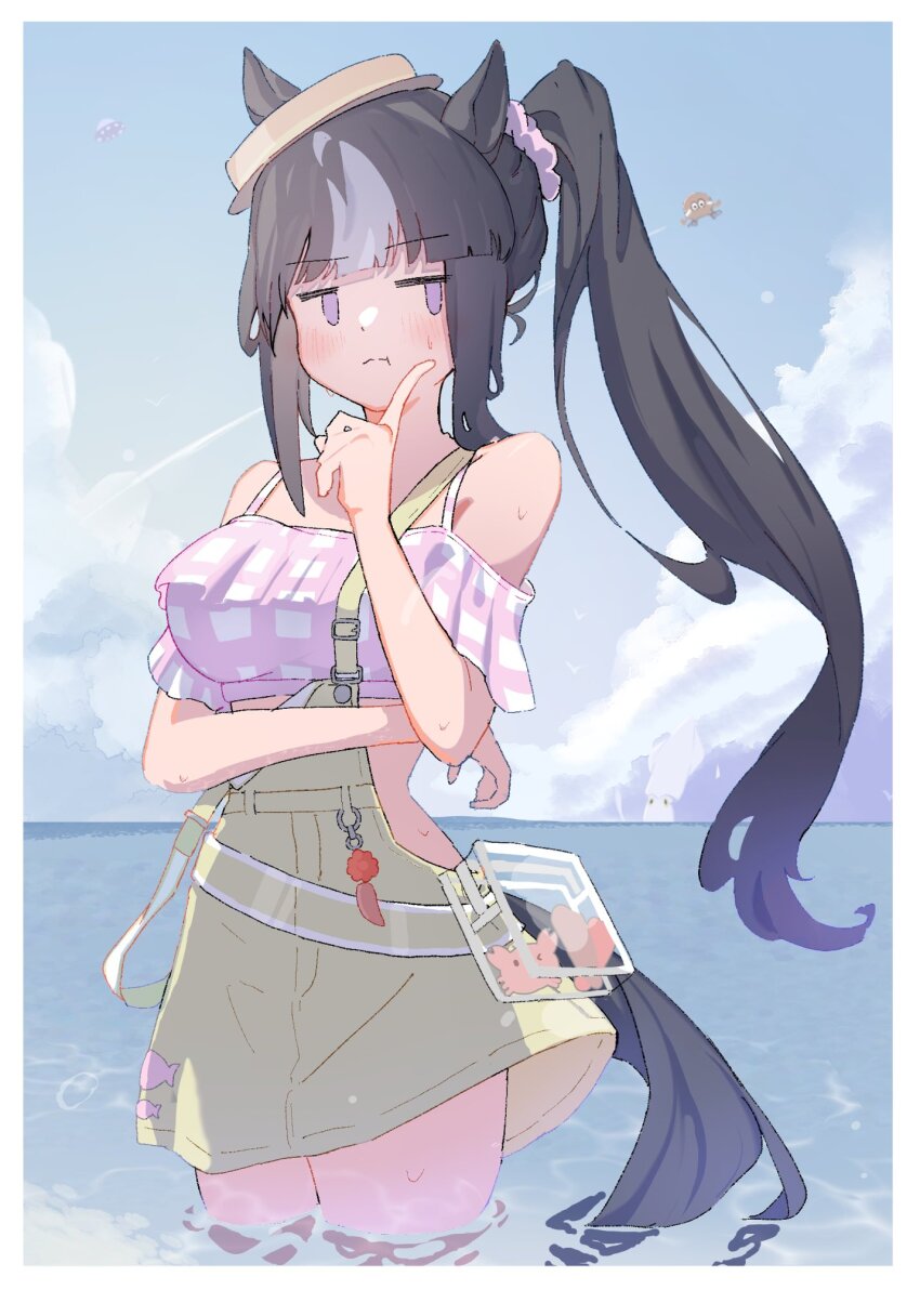 1girl, animal_ears, bare_shoulders, blush, boater_hat, breasts, commentary, cowboy_shot