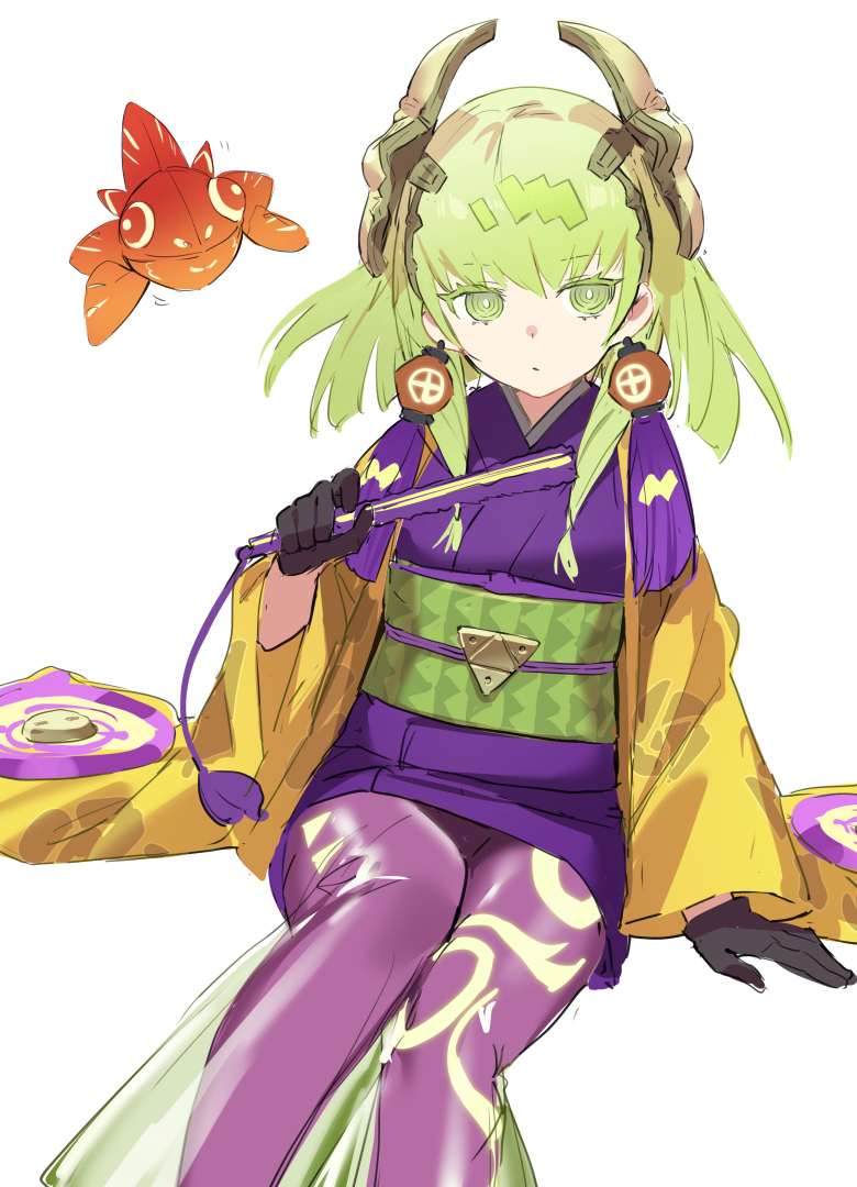 1girl, duel_monster, fish, goldfish, green_eyes, green_hair, hand_fan, holding