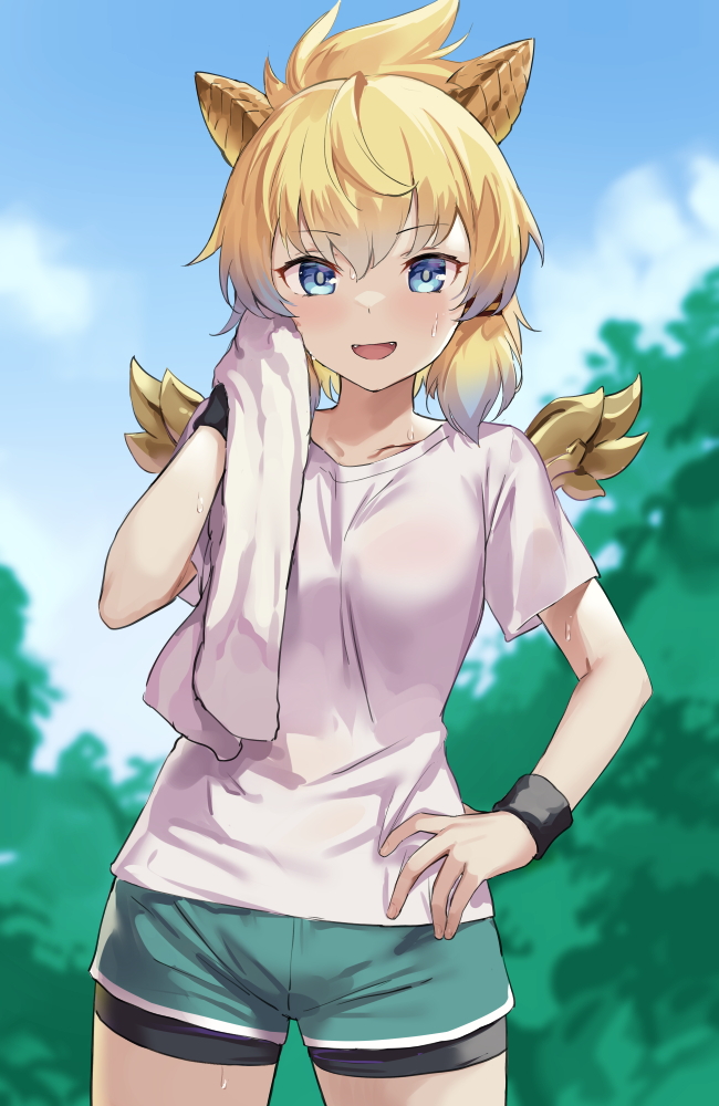 1girl, alternate_costume, blonde_hair, blue_eyes, looking_at_viewer, outdoors, puzzle_&amp;_dragons, qilin_(p&amp;d)