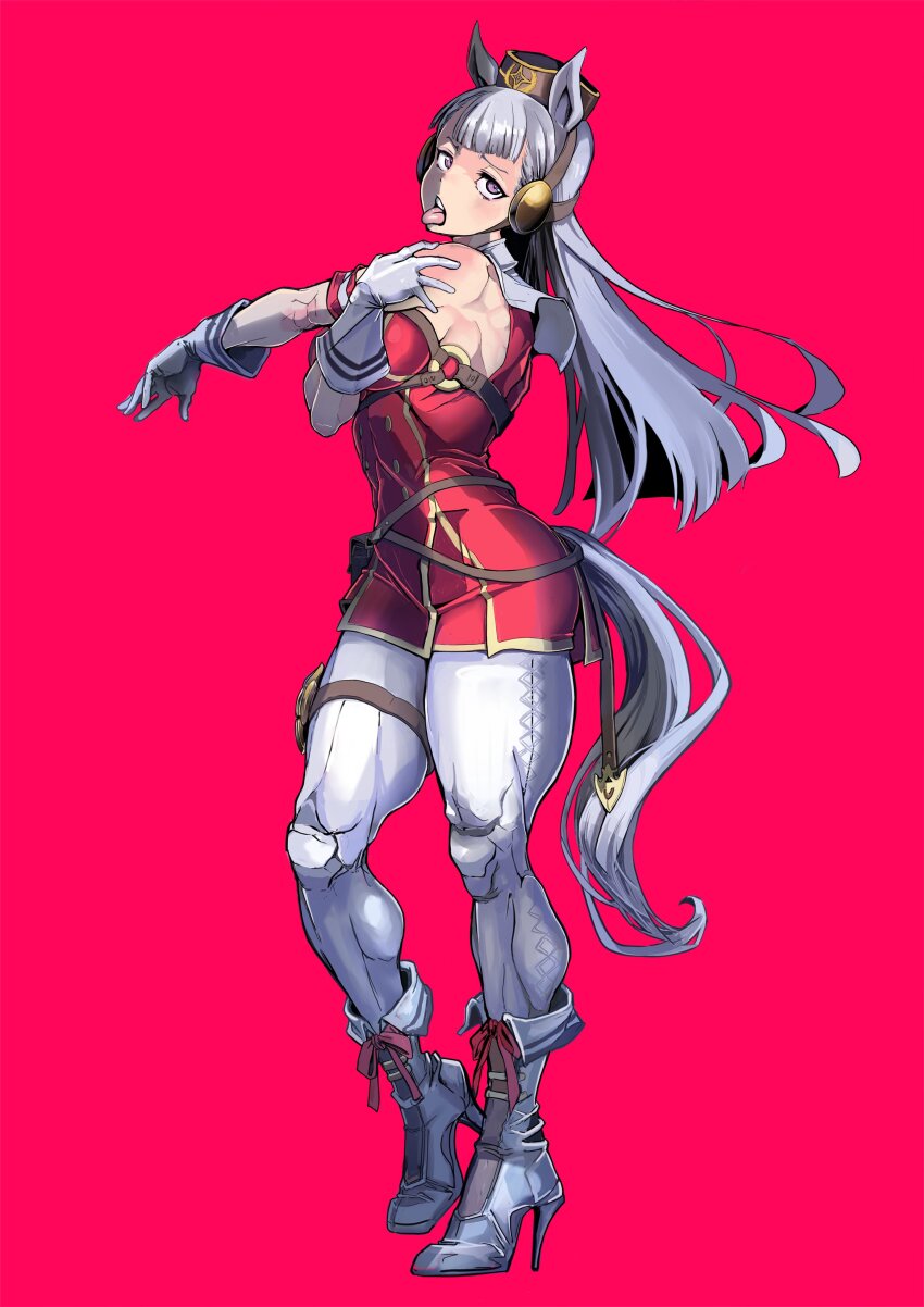 1girl, absurdres, animal_ears, blunt_bangs, boots, commentary_request, dress, gold_ship_(red_strife)_(umamusume)