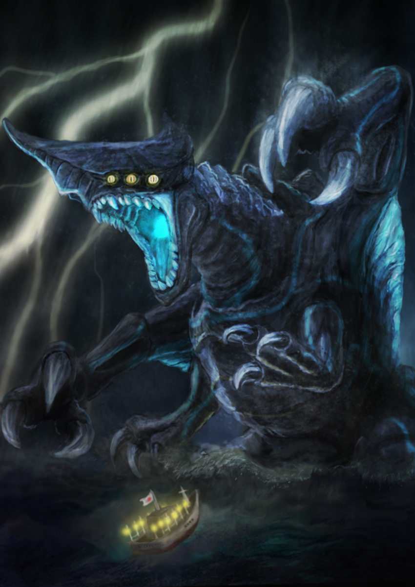 absurdres, boat, body_markings, claws, electricity, energy, extra_arms, extra_eyes