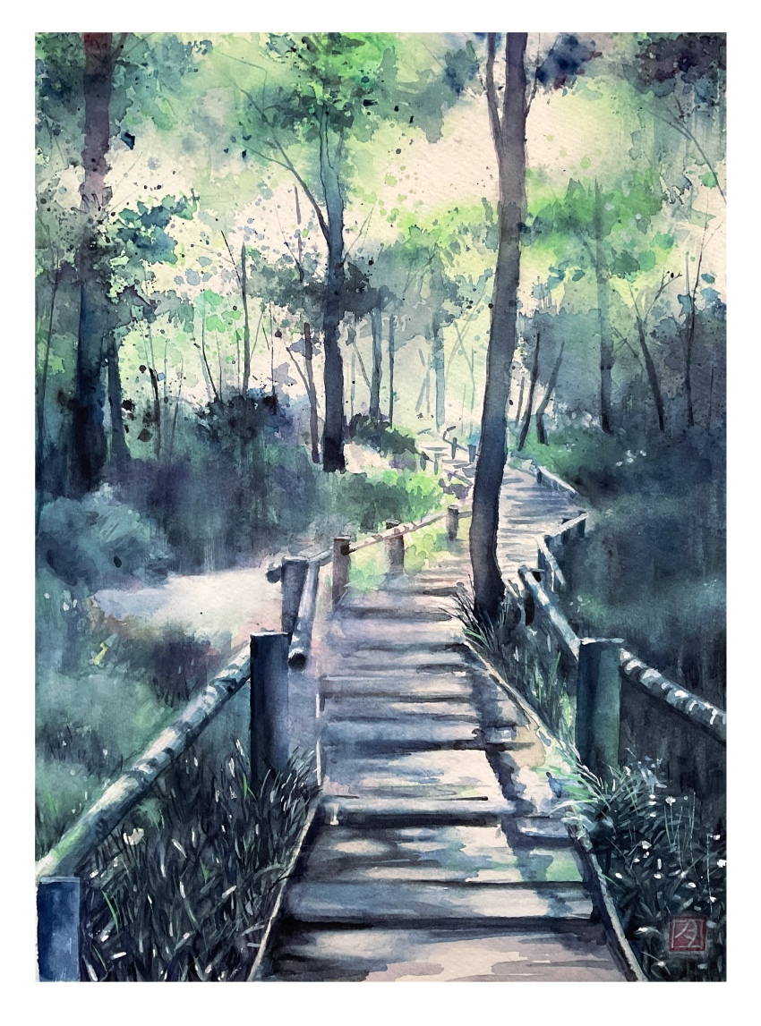 absurdres, bush, day, fence, forest, grass, highres, landscape