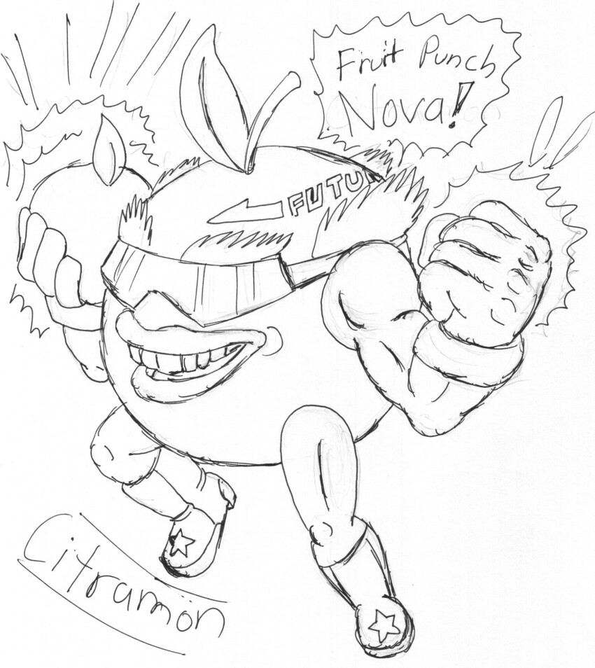 citramon, digimon, digimon_(creature), food, fruit, highres, orange_(fruit), smile, solo, teeth