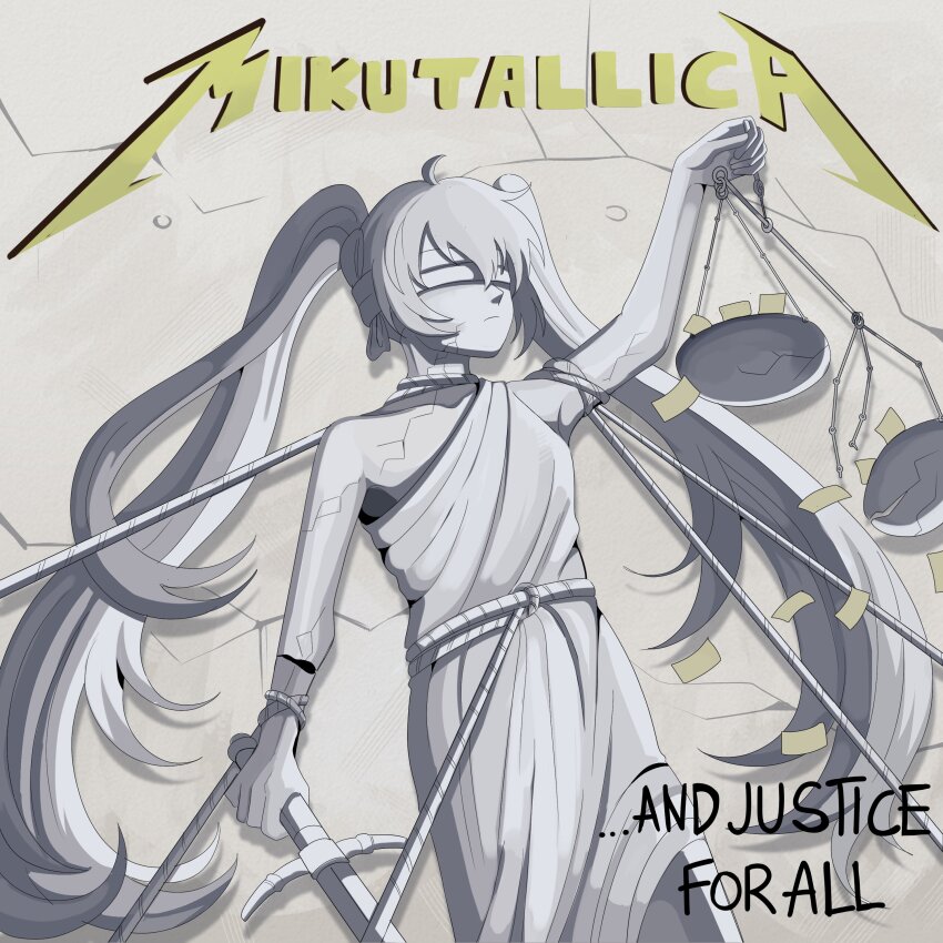 ...and_justice_for_all, 1girl, absurdres, album_cover_redraw, arm_up, blindfold, bobamiruku, brand_name_imitation