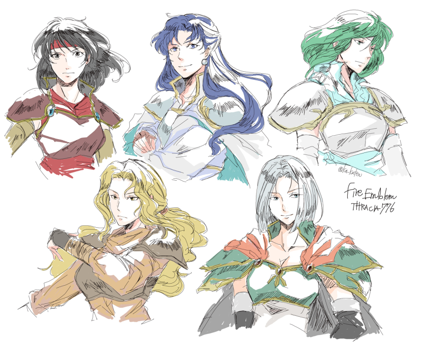 5girls, amalda_(fire_emblem), armor, black_hair, blonde_hair, blue_hair, blue_shirt, breastplate
