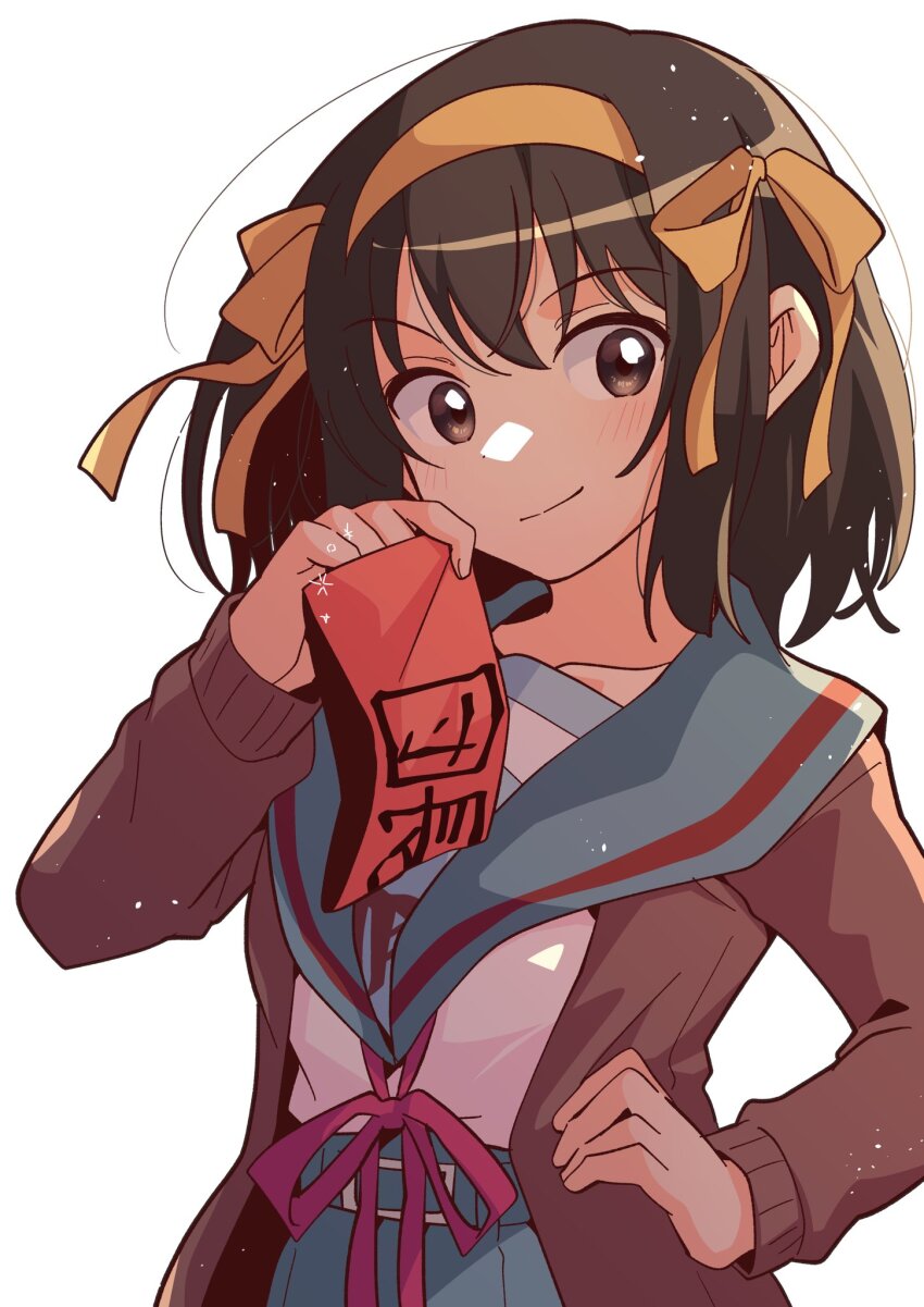 1girl, armband, blue_sailor_collar, blue_skirt, brown_cardigan, brown_eyes, brown_hair, cardigan