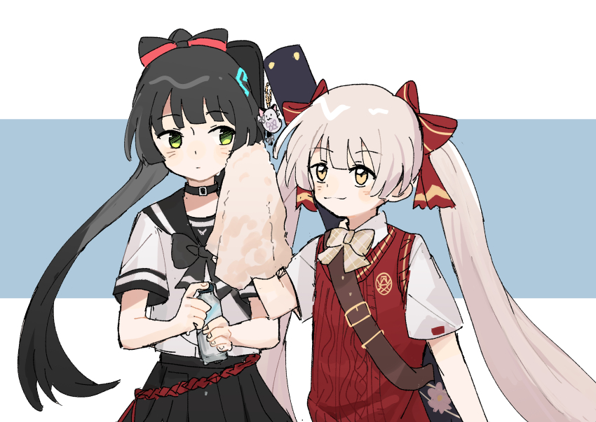 2girls, black_collar, black_hair, black_skirt, bottle, bow, bowtie, collar, green_eyes, hair_bow, heaven_burns_red, highres, holding, holding_bottle, long_hair, looking_at_another, multiple_girls, natsume_inori, natsume_inori_(lapis_lazuli_adolescence), ogasahara_hisame, ogasahara_hisame_(garnet_dusklight), ponytail, red_sweater_vest, ribbon, school_uniform, serafuku, shirt, skirt, sweater_vest, towel, twintails, u_yufei, weapon_bag, white_hair, wiping_face, yellow_eyes, yuri