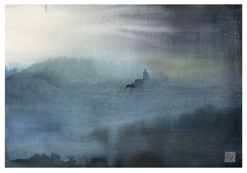 absurdres, building, cliff, dark, day, fog, highres, no_humans, original, outdoors, painting_(medium), sazanka_352, scenery, shadow, tower, traditional_media, watercolor_(medium)