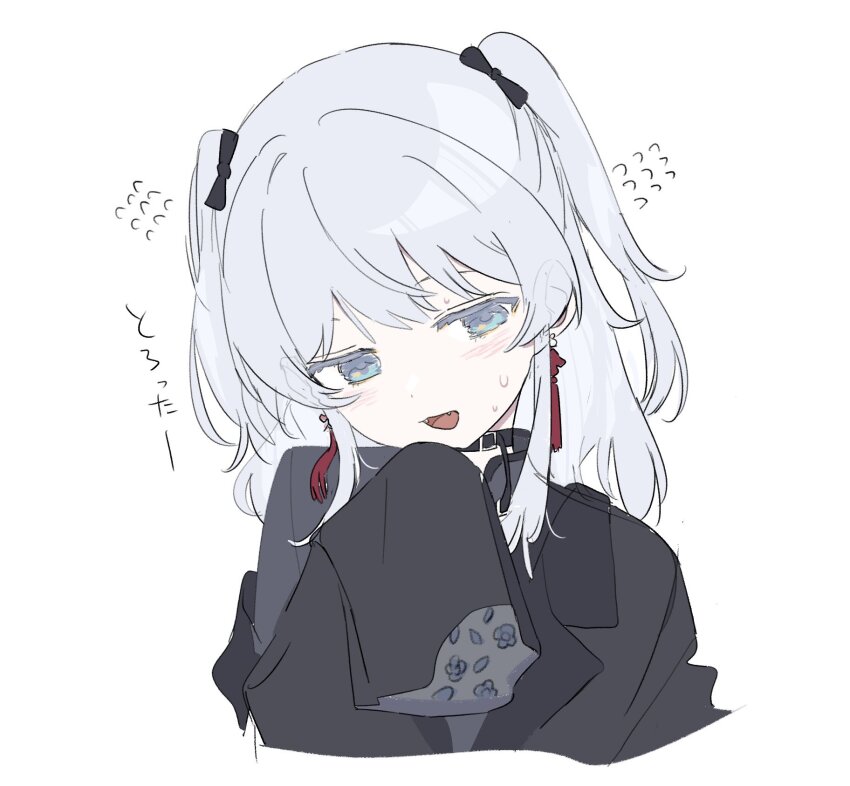 1girl, :d, black_choker, black_jacket, black_shirt, blue_eyes, blush, choker, cropped_torso, dot_nose, earrings, fangs, flying_sweatdrops, hand_up, head_tilt, highres, indie_virtual_youtuber, jacket, jewelry, long_bangs, long_hair, long_sleeves, looking_at_viewer, nekomugi_tororo, off_shoulder, open_mouth, shirt, simple_background, sleeves_past_fingers, sleeves_past_wrists, smile, solo, sweatdrop, tassel, tassel_earrings, two_side_up, virtual_youtuber, what_a, white_background, white_hair